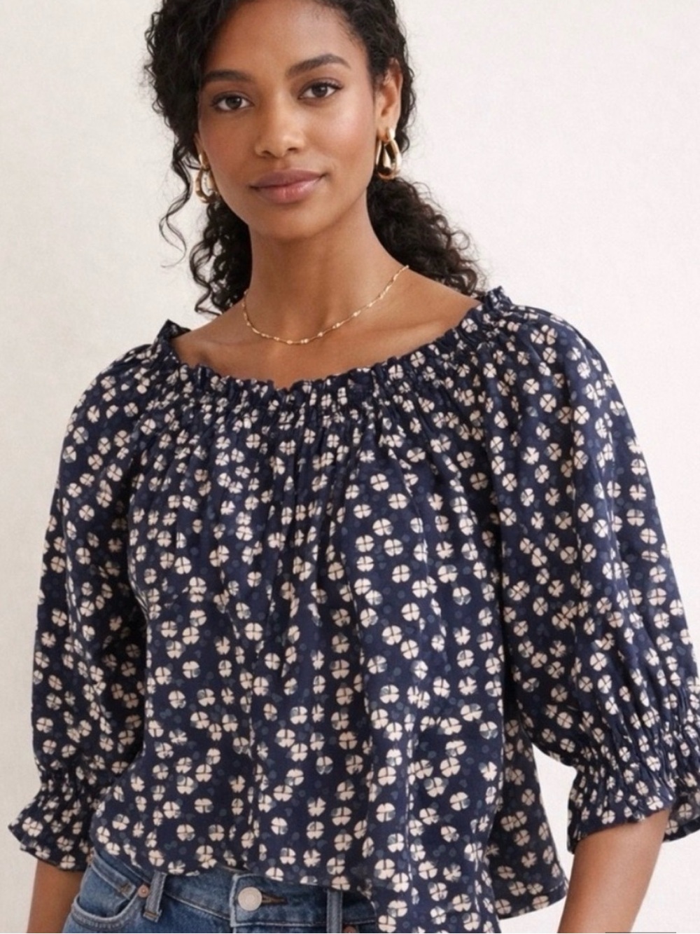 Smocked Neck Apiece Apart Navy Floral Peasant Top